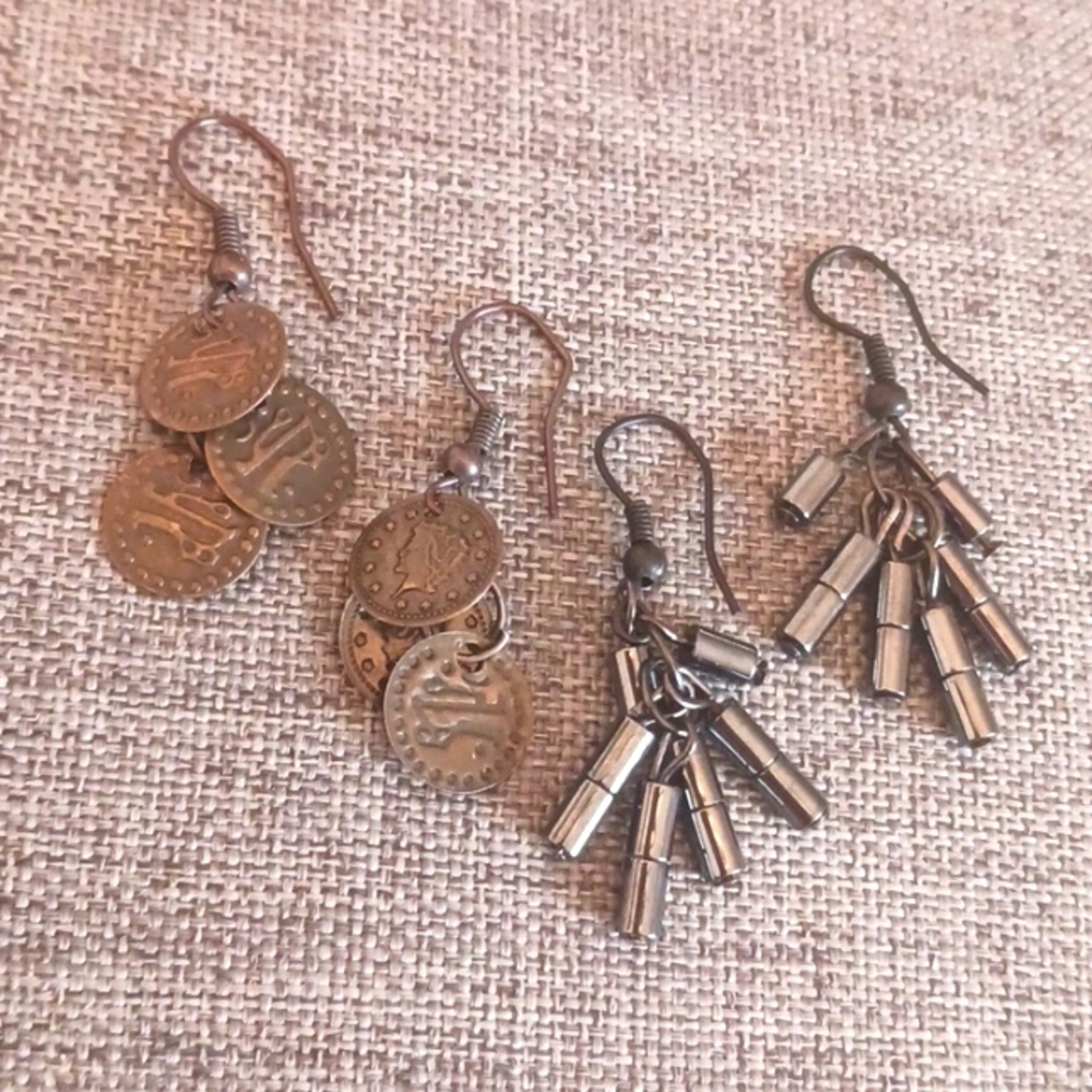 Bronze Coin and Black Metal Drop Earrings Set of 2 - Pre-loved (1.5")